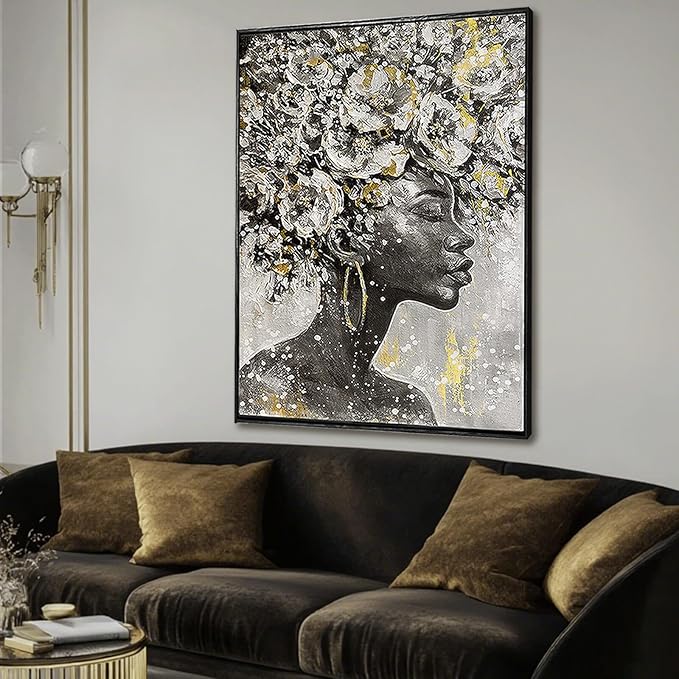 Large Black and Gold African American Wall Art with Framed Black Woman Office Bedroom Living Room Poster Home Hanging Decor 32x48 Inch