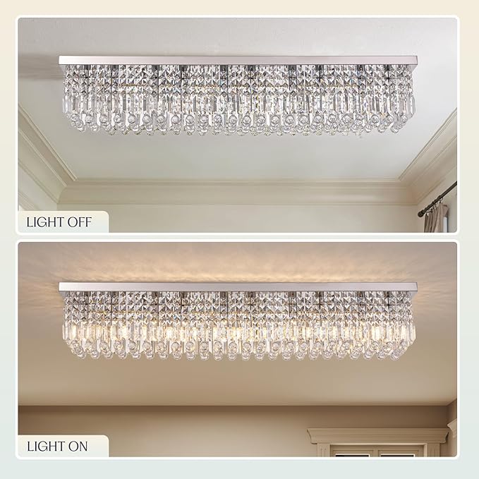 Luxury Lighting Fixture Chandelier Rectangular with Raindrop Crystals Pendant Light Fixture 10-Lights Modern Crystal Rectangle Flush Mount Chandelier for Living Room Dining Room Bar L47 Inch