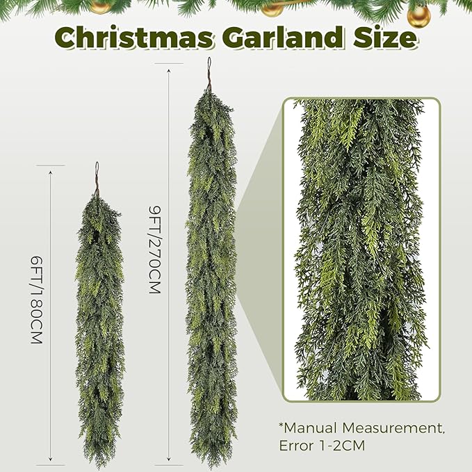 9 ft Christmas Garland, Cedar Garland, Real Touch Cypress Garlands, Green Artificial Greenery Garland for Mantel Indoor Outdoor Christmas Decorations
