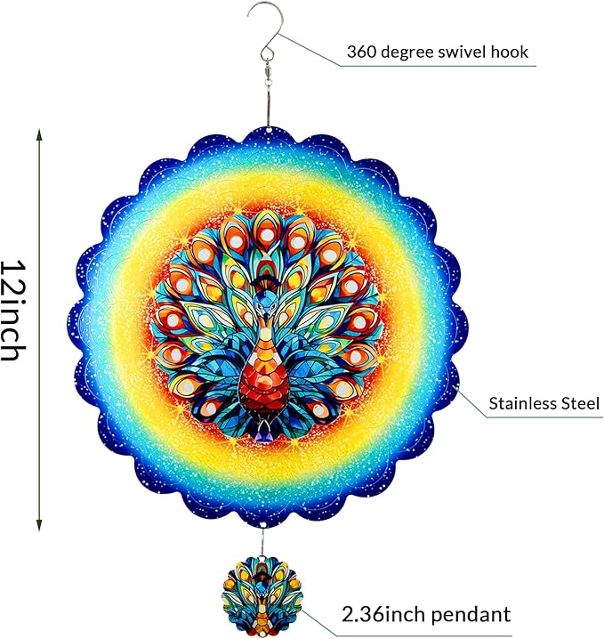 Peacock Hanging Wind Spinners,12 Inch 3D Garden Spinner Kinetic Art Garden Decorations，Stainless Steel Reflective Wind Spinners for Yard