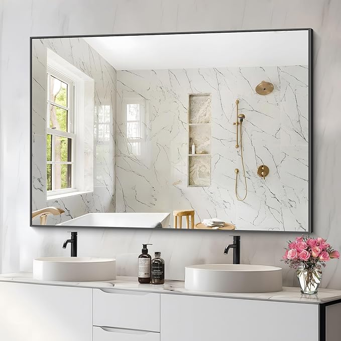 36x50inch Bathroom Mirror, Black Rectangle Mirrors with Thin Metal Frame, Large Rectangular Wall Mirror for Bathroom, Living Roomm, Hair Salon, Big Farmehouse Mirror Hang Horizontal/Vertical