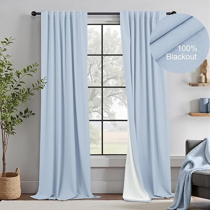 Light Blue Curtains 84 Inch Length for Bedroom 2 Panel Back Tab Pocket Pale Sky Colored Darkening Insulated Thermal Country Farmhouse Linen Blackout Curtain for Living Room Black Out Long Drape Window