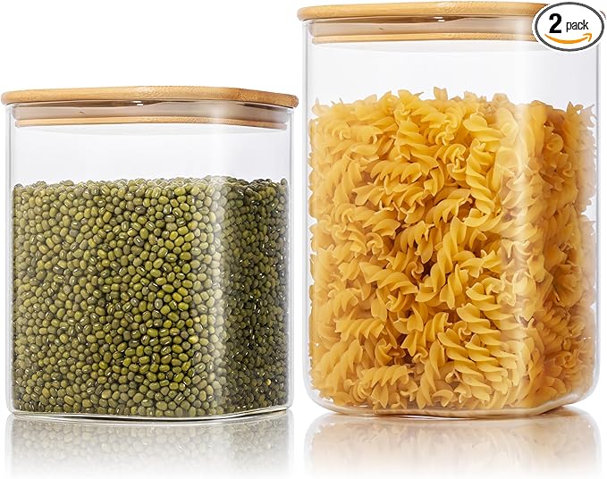 Extra Large Square Glass Flour & Sugar Storage Containers with Airtight Lids, 132oz & 63oz - 2 Pack Glass Jars with Bamboo Lids, Air tight Pantry Food Storage Containers for Cereal, Pasta, Rice