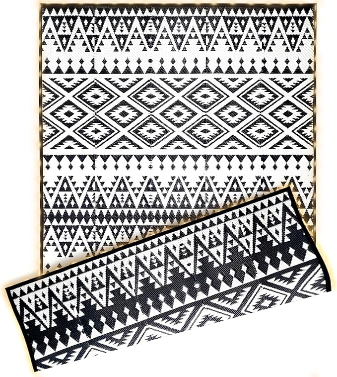 Outdoor Rug Mat with Led Strip Lights for Patio, 8x10ft Waterproof Reversible Plastic Straw Rugs, Camping Carpet Area Mats for RV, Porch, Deck, Backyard, Balcony, Camper, Black & White