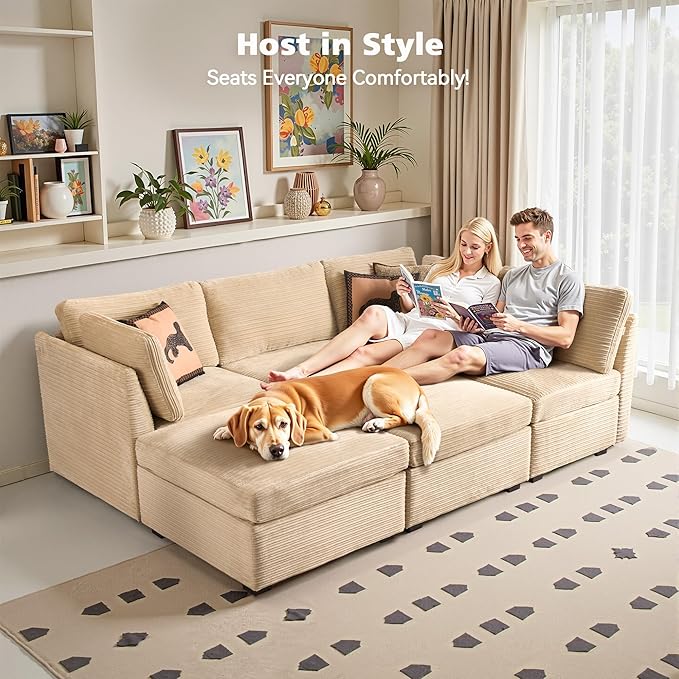 Modular Sectional Sofa, 130.7 Inch U Shaped Couch Set for Living Room, 4-Seater Comfy Cloud Couches with Two Movable Ottoman, DIY Combination, Plush Corduroy, Beige
