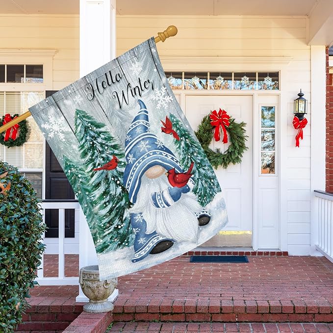Heyfibro Hello Winter Gnome Garden Flag 28x40 Double Sided Burlap Cardinals Snowflakes Snow Yard Banner for Christmas Seasonal Outside Outdoor House Decoration (ONLY FLAG)