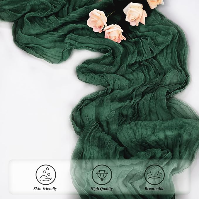 Emerald Green 12 Pack Cheesecloth Table Runner 10FT Boho Fabric Rustic Cheese Cloth Table Runner for Wedding 20 x 120 Inch Long Bridal Shower Baby Shower Gauze Sheer Birthday Party Table Decorations