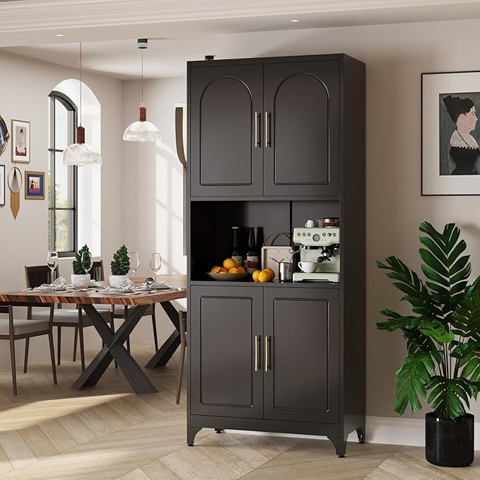 75" Tall Kitchen Pantry Storage Cabinet, Metal Storage Cabinets with 4 Doors and Adjustable Shelves, Black Kitchen Hutch Cabinet with Microwave Stand, Large Cupboard for Dining Living Room