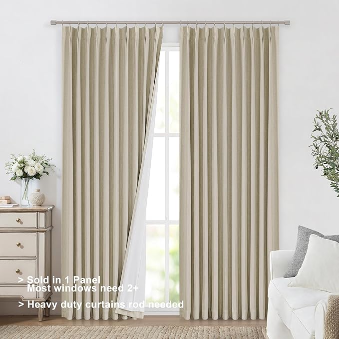 Vision Home Sand Pinch Pleated Full Blackout Curtains Linen Blended Room Darkening Window Curtains 120 inch for Living Room Bedroom Thermal Insulated Pinch Pleat Drapes with Hooks 60" Wx120 Lx1