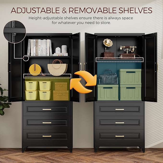 75" Kitchen Pantry Cabinet, Metal Storage Cabinets with Doors and Adjustable Shelves, Black Tall Pantry Cabinet with 3 Drawers for Dinning Living Room