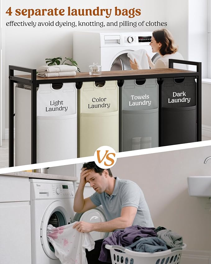Lulive Laundry Hamper with Shelf, Laundry Basket 4 Section, Laundry Sorter Organizer with Pull-Out Removable Large 4 Color Bags & Large Top Shelf for Laundry Room, Bathroom and Dorm, 4 x 18 Gal (272L)