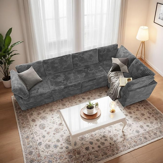 Modular Sectional Sofa with Chaise U Shaped Sectional Couch for Living Room, 5-Seater Comfy Cloud Couches, Plush Corduroy, Gray