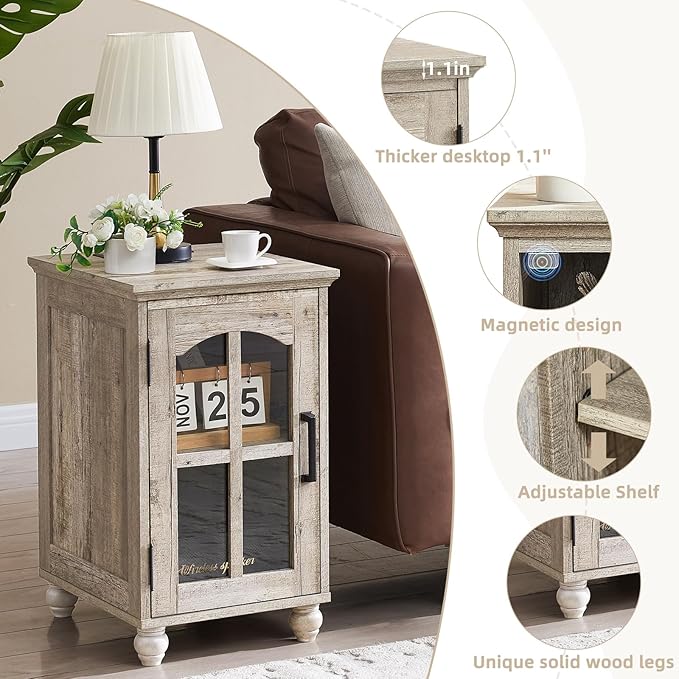 Narrow Side Table Set of 2,Farmhouse Nightstand with Charging Station,End Table with Glass Barn Door Storage, Cabinet Organizer with Adjustable Shelf, Night Stand for Small Spaces Living Room Bedroom