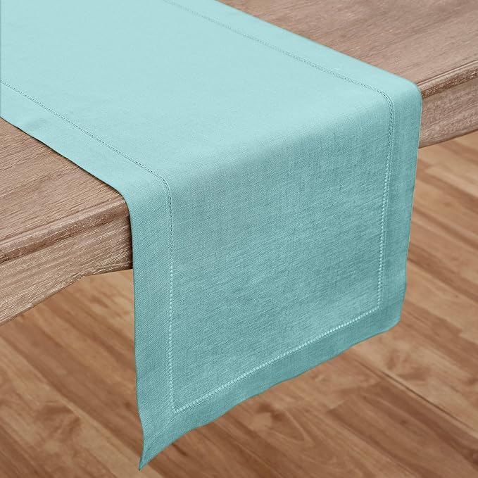 Solino Home Linen Aqua Blue Table Runner 132 Inches Long - 100% Pure Linen Extra Long Table Runner 14 x 132 Inch - Classic Hemstitch