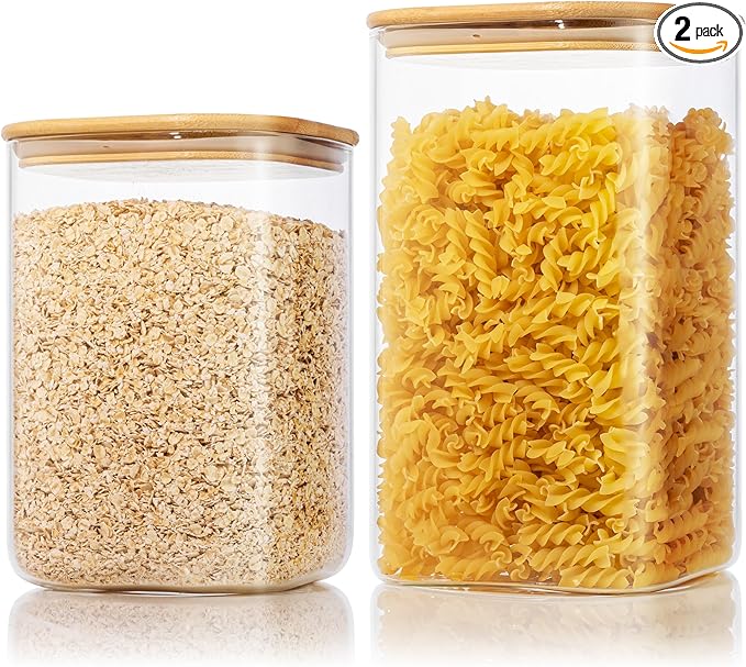 Extra Large Square Glass Flour & Sugar Storage Containers with Airtight Lids, 168 floz & 84 floz - 2 Pack Glass Jars with Bamboo Lids, Air tight Food Storage Containers for Cereal, Pasta, Rice