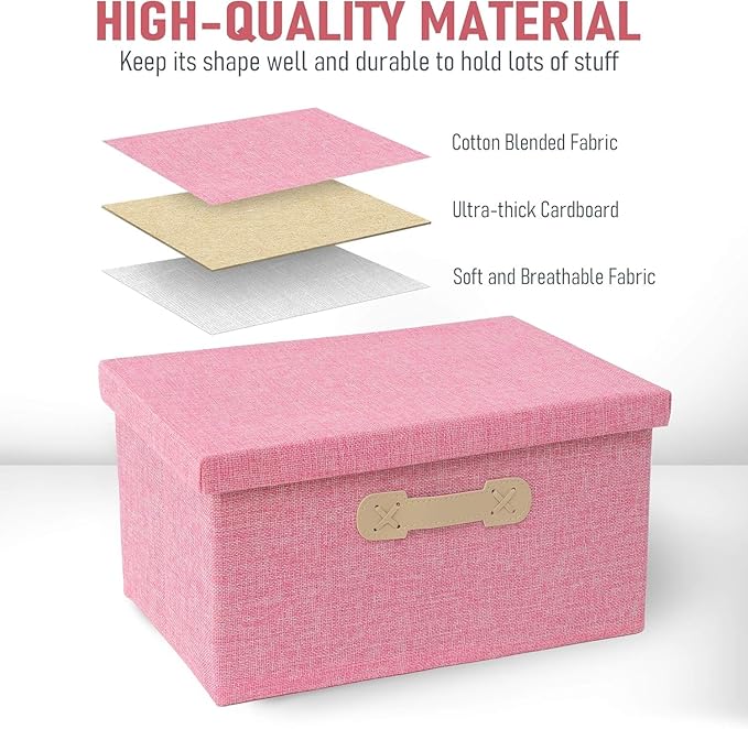 Enzk&Unity Decorative Storage Bins with Lids, Fabric Linen Foldable Storage Box with Handle Home Organizer for Shelf, Closet, Bedroom, Living Room, Office, 3 Packs, Pink