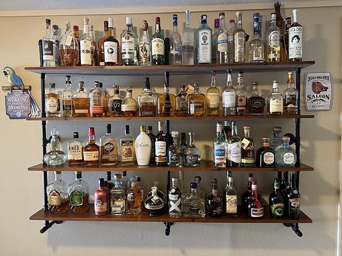 Industrial Pipe Wall Shelves With Real Wood Plank, 70 Inches Floating Shelves for Wall, 4 Tier Farmhouse Book Shelves, Dark Brown for Kitchen, Living Room Decor and Bar