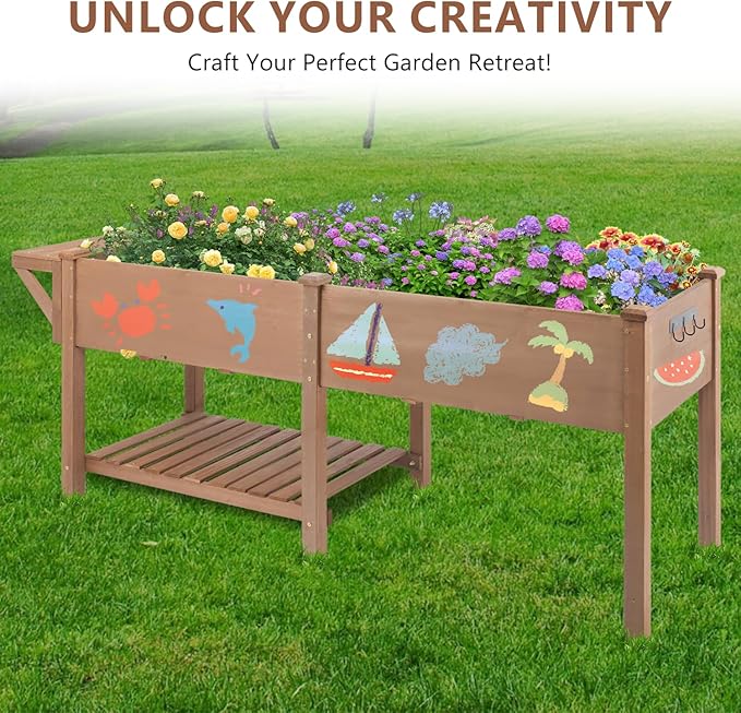 Raised Garden Bed with Legs Outdoor,Elevated Garden Box,Storage Shelf, Protective Liner for Backyard,Patio,Balcony,80x23x30in (Brown)