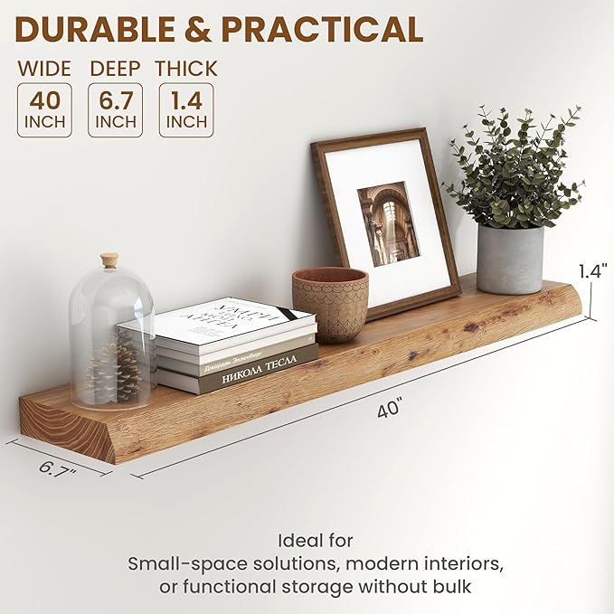 Fun Memories 40" Floating Shelves for Wall, Live Edge Solid Elm Wood Floating Shelf with Invisible Bracket, Wall Mounted Display Wooden Shelves for Bathroom, Kitchen, Bedroom, Natural Color, Set of 1