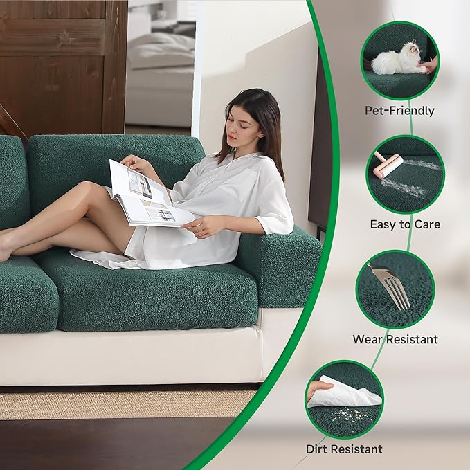 Couch Cushion Covers for Sectional Sofa, Stretch Soft Sofa Slipcovers Washable Wear-Resistant Universal Furniture Protector for Living Room(2 Seaters Covers+1 Chaise Cover, Green)