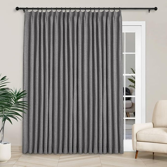 Macochico Extra Wide 100% Blackout Linen Curtains for Sliding Door Pleated Curtains with Hooks Insulated Soft Linen Drapes for Bedroom Living Room with Tieback Gray 100”Wx84”L 1 Panel