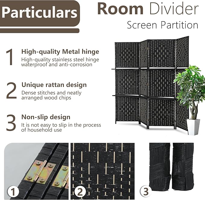 Room divider 4 panel Room Screen Divider Wooden Screen Folding Portable Partition Screen Wood with Removable Storage Shelves Color,Black