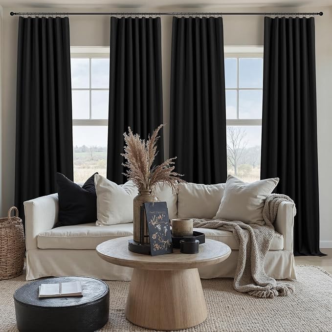Black Linen Blackout Curtains 120 Inches Long 2 Panels Burg for Living Room Back Tab Pleated Thermal Cold Heat Sun Blocking Extra Long Drapes Black Out Blinds Shades for Bedroom Windows 52x120 Length