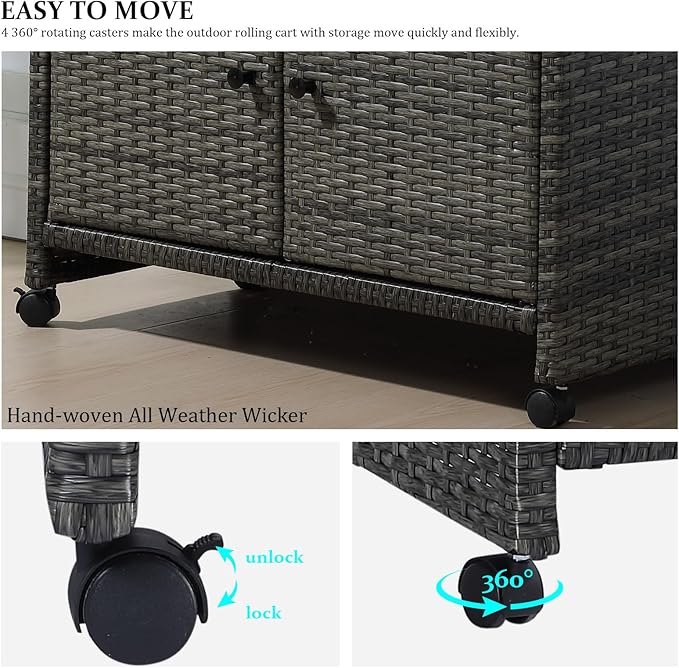 Outdoor Wicker Storage Cabinet,Patio Bar Table with Wheel, Outdoor Buffet Cabinet Movable, Garden Weather-Proof Bar Table/Cart for Indoor&Outdoor (Morden Gray)