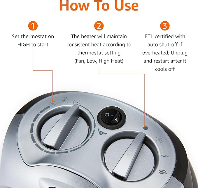 Amazon Basics Oscillating Ceramic Space Heater, Portable Indoor Heating Solution, With Overheat and Tip-Over Protection, Thermostat, 1500W, 7.52"D x 6.34"W x 9.45"H, Silver