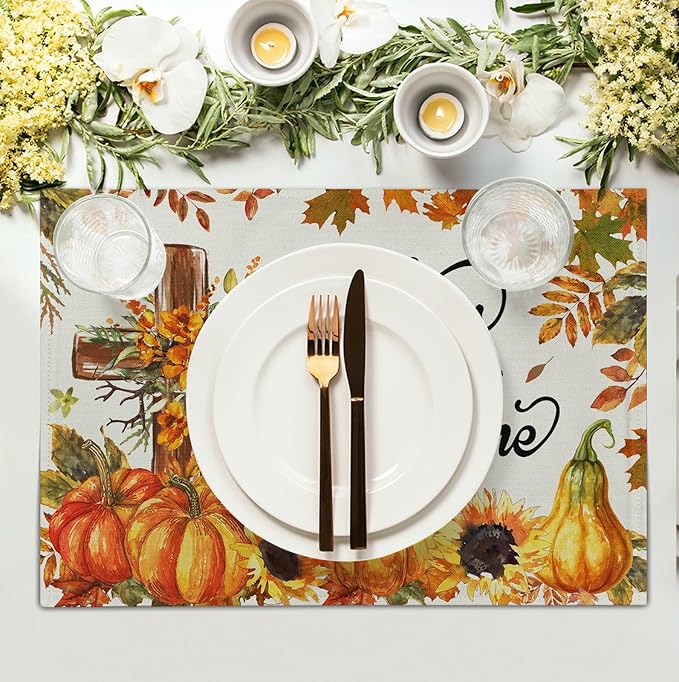 Fall Cross Pumpkin Placemats Set of 4 Autumn Thanksgiving Harvest Sunflower Maple Leaf Orange Linen Table Mats Seasonal Farmhouse Decorative Place Mat for Party Kitchen Dining Decor