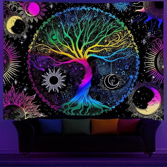 AACKart Blacklight Tapestry for Bedroom - Spiritual Tree of Life Wall Tapestry Glow in the Dark Wall Hanging 90.5 x 70.8 inches
