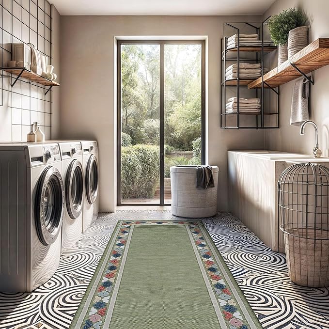 Beverly Rug Outdoor Runner Rug 2x7 Modern Floral Bordered Area Rugs for Indoor and Outdoor Patio Easy to Clean Non Shedding Living Room Porch Garden Washable Outside Carpet (2 x 7 Green)