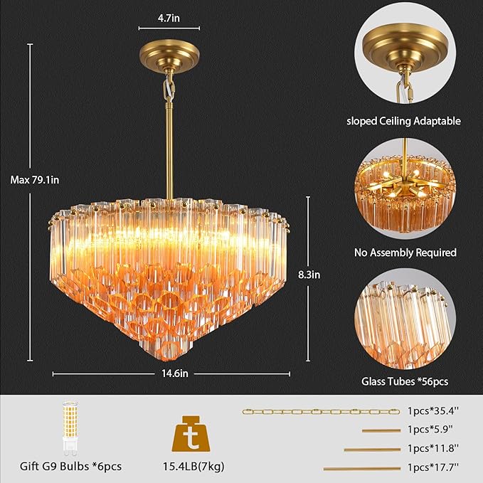 Modern Amber Glass Chandelier, 14" Round Crystal Dining Room Pendant Light Chandelier, Luxury Brass Hanging Fixture for Bedroom, Gold Kitchen Island Light, Dimmable Small Ceiling Lighting Chandeliers