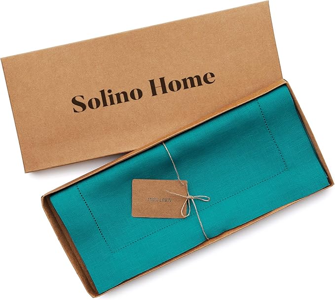 Solino Home Linen Table Runner 60 Inches - 100% Pure Linen Teal Hemstitch Table Runner 14 x 60 Inch Ideal for Dresser and Coffee Tables - Fall, Autumn, Thanksgiving - Classic Hemstitch
