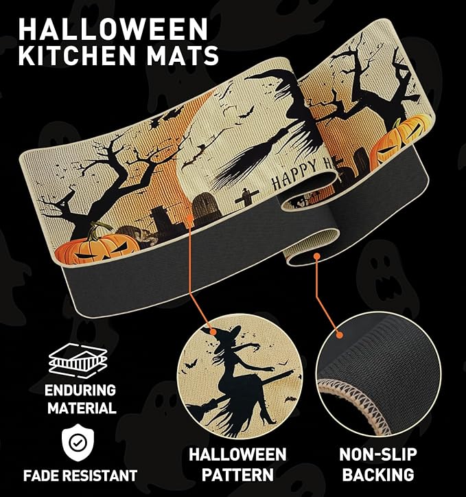 Halloween Kitchen Mat Set of 2, Spooky Witch Pumpkin Cat Halloween Kitchen Decor, Halloween Rug for Floor, Indoor Spooky Home Decor with Non-Slip Backing,17 x 29 Inch & 17 x 47 Inch