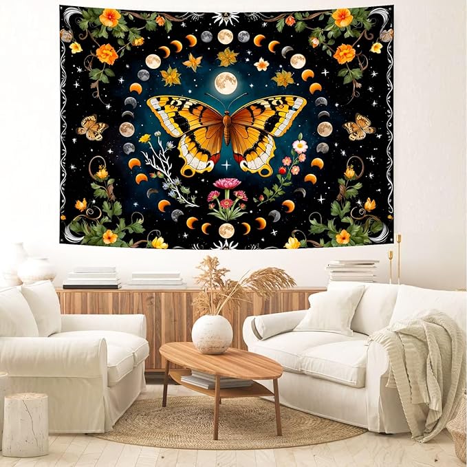 Delur Butterfly Moon Flower Tapestry Botanical Floral Plant Boho Tapestry Wall Hanging Mandala Aesthetic Mushroom Retro Vintage Headboard for Bedroom Living Room Home Decor (51.2" x 59.1")