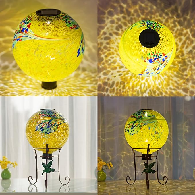 10" Diameter Solar Gazing Ball and 8.5" Metal Stand Indoor Outdoor Glass Globe Sphere Yard Art Ornament Solar Gazing Balls for Garden,Lawn,Porch,Patio Gardening Gift for Women(Yellow)