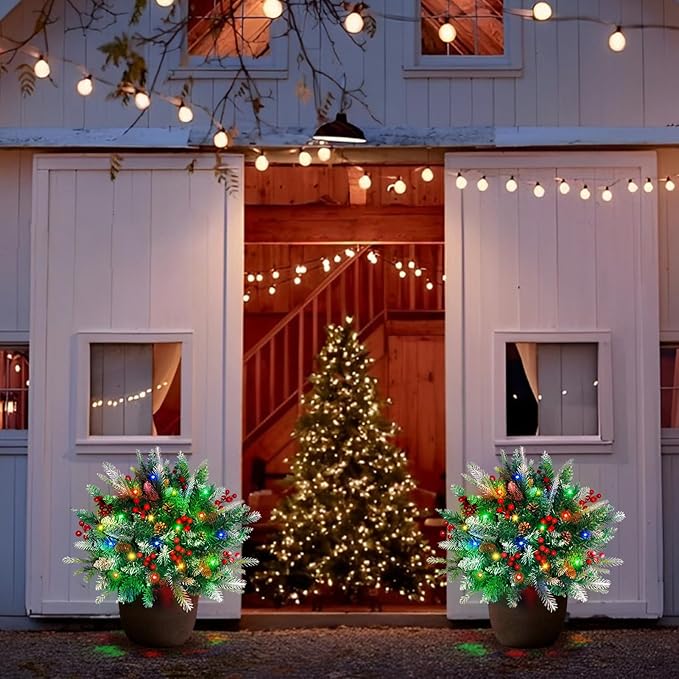 2 Pack Lighted Artificial Christmas Urn Filler, Battery Operated Pre-lit Xmas Pine Trees, Tripod Stake and 60 LED Lights, Holiday Porch Decorations for Porch, Yard, Garden, Flower Beds（Multicolor）