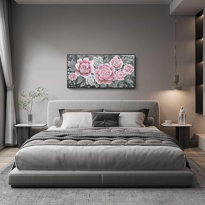Large Pink Wall Art for Living Room- Pink and Black Peony Floral Canvas Wall Art Modern Framed Moody Black and White Wall Picture Flower Artwork Decor for Bedroom Dining Room Office 48x24