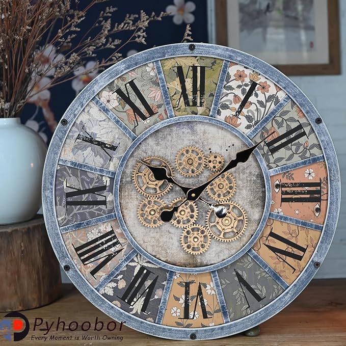 Unique Moving Gear Large Round Wall Clock 21inch-Battery Powered. Retro Industrial Steampunk Country Farmhouse Decor for Living Room Kitchen Bars cafes Offices(Blue/metal/21)