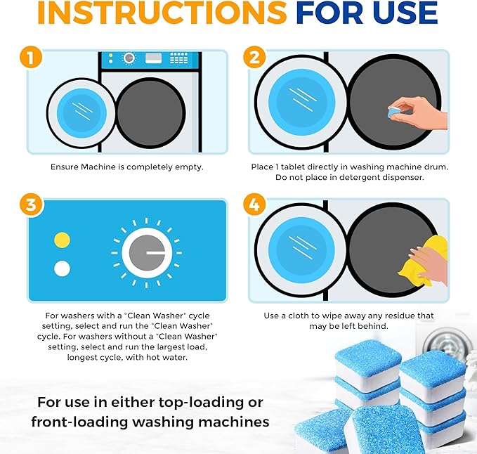 Washing Machine Cleaner Tablets 24 pack Powerful Descaler -Deep Cleaning for HE Front Loader & Top Load Washer Septic Safe Eco-Friendly Deodorizer Clean Drum & Laundry Tub Seal- Year's Supply