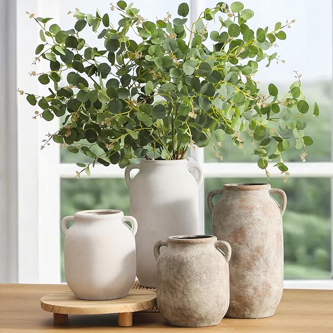 Large Flower Vase Home Decor - 12 inch Tall Ceramic Farmhouse Rustic Table Vases with Handle Living Room Decoration Decorative Modern Vintage for Floor Kitchen Shelf Coffee Dining Desk Fireplace