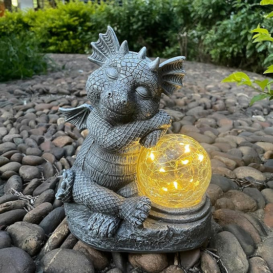 Garden Dragon Figurine Solar Powered Outdoor Cute Dragon with Hold Glowing Glass Ball Resin Sculpture for Porch Patio Lawn Farm Yard Home Decoration Gift for Women Housewarming