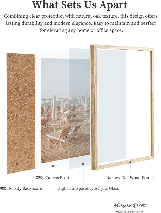 HesenDot Natural OAK Wood Framed Italy Beach Wall Art,12x16in Amalfi Coast Canvas Wall Print,Positano Seascape White Beach Chair Wall Decor for Living Room, Bedroom,Office Gallery Set of 1