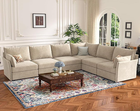 135.5" Oversized Modular Sectional Sofa, L Shaped Convertible Couch with Movable Ottoman, Large 6 Seat Corner Couches for Living Room Deep Seat Beige Chenille