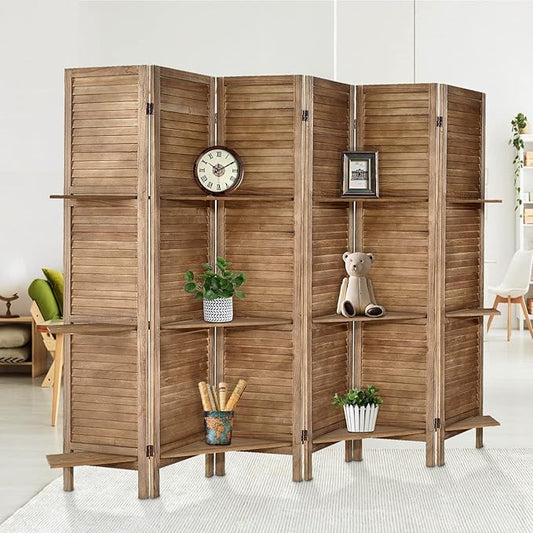 Room Divider with Shelves, Privacy Screen, Room Dividers and Folding Privacy Screens, 6 Panel Wood Temporary Wall Partition Separation Separator, Brown