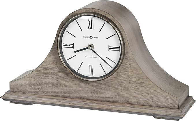 Howard Miller Lakeside Mantel Clock, Triangular Burl Overlays Gray Finish Sturdy Wooden Material, Vintage Analog Dial Roman Numerals with Black Bar Style Idle Timepiece for Office & Home Decor