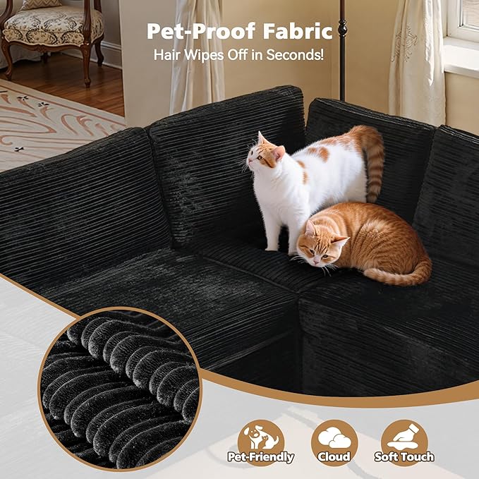 Modular Sectional Sofa, 130.7 Inch U Shaped Couch Set for Living Room, 4-Seater Comfy Cloud Couches with Two Movable Ottoman, Plush Corduroy, Black