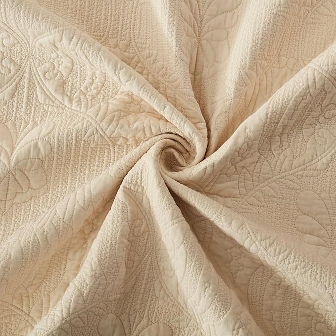 MarCielo 3-Piece 100% Cotton Oversized Bedspread Lightweight Quilt Coverlet Embroidery Farmhouse Bedding Set(TL Beige,Oversized Queen (100"x106"))