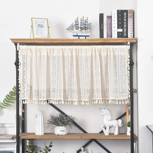 Sutuo Home Boho Sheer Curtain Valance Crochet Lace with Bohemian Hollow Knitted Handmade Tassels, Short Rustic Window Treatment for Kitchen Cafe, Rod Pocket, 1 Panel 59" W x 18" L, Beige